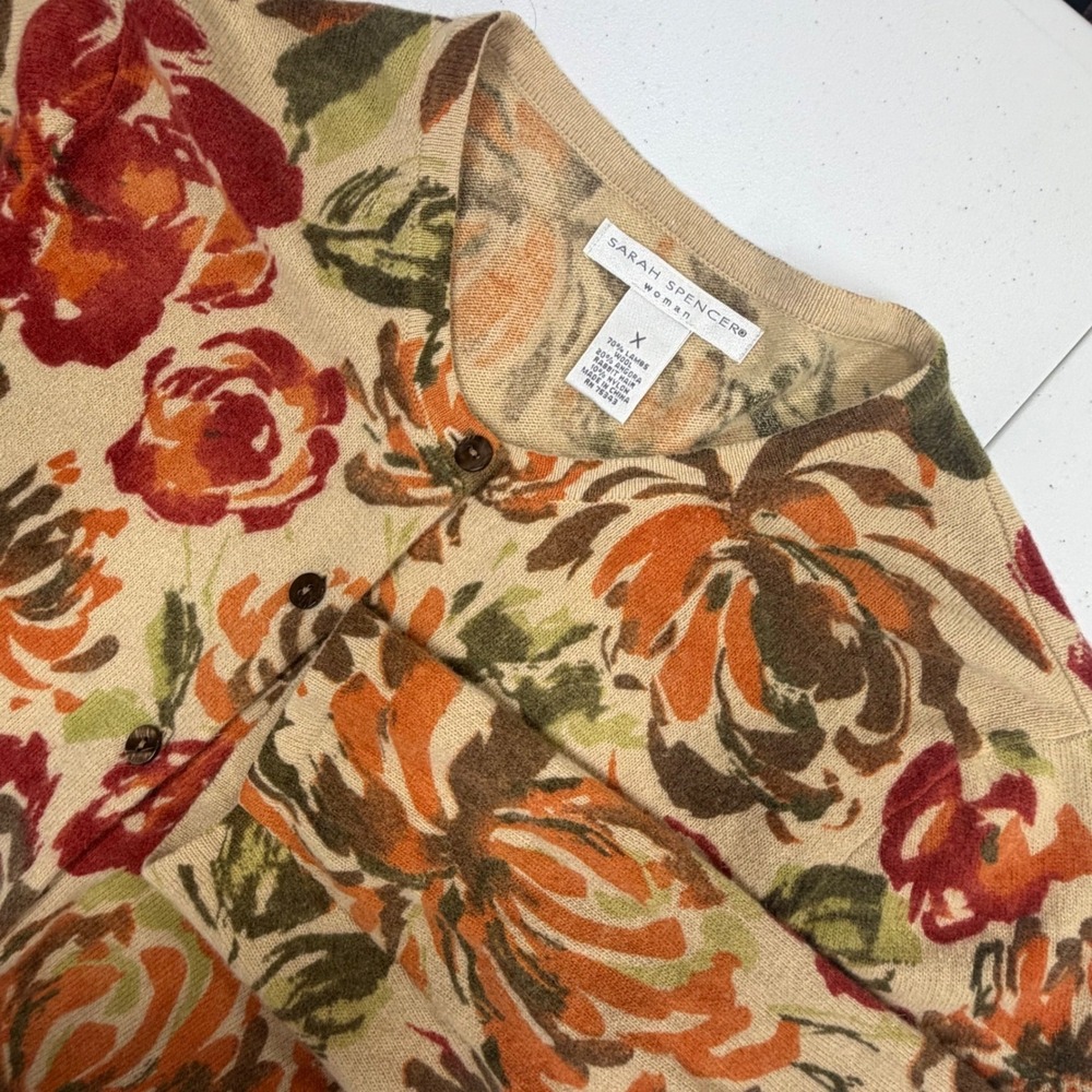 Sarah Spencer Woman Lambswool Angora Floral Button Front Cardigan Sweater XL